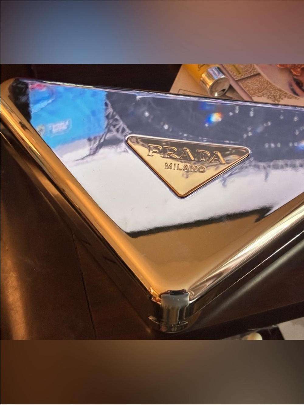 A must have!PRADA Signature Triangular Clutch In Silver Gold Combn - Picture 5 of 8